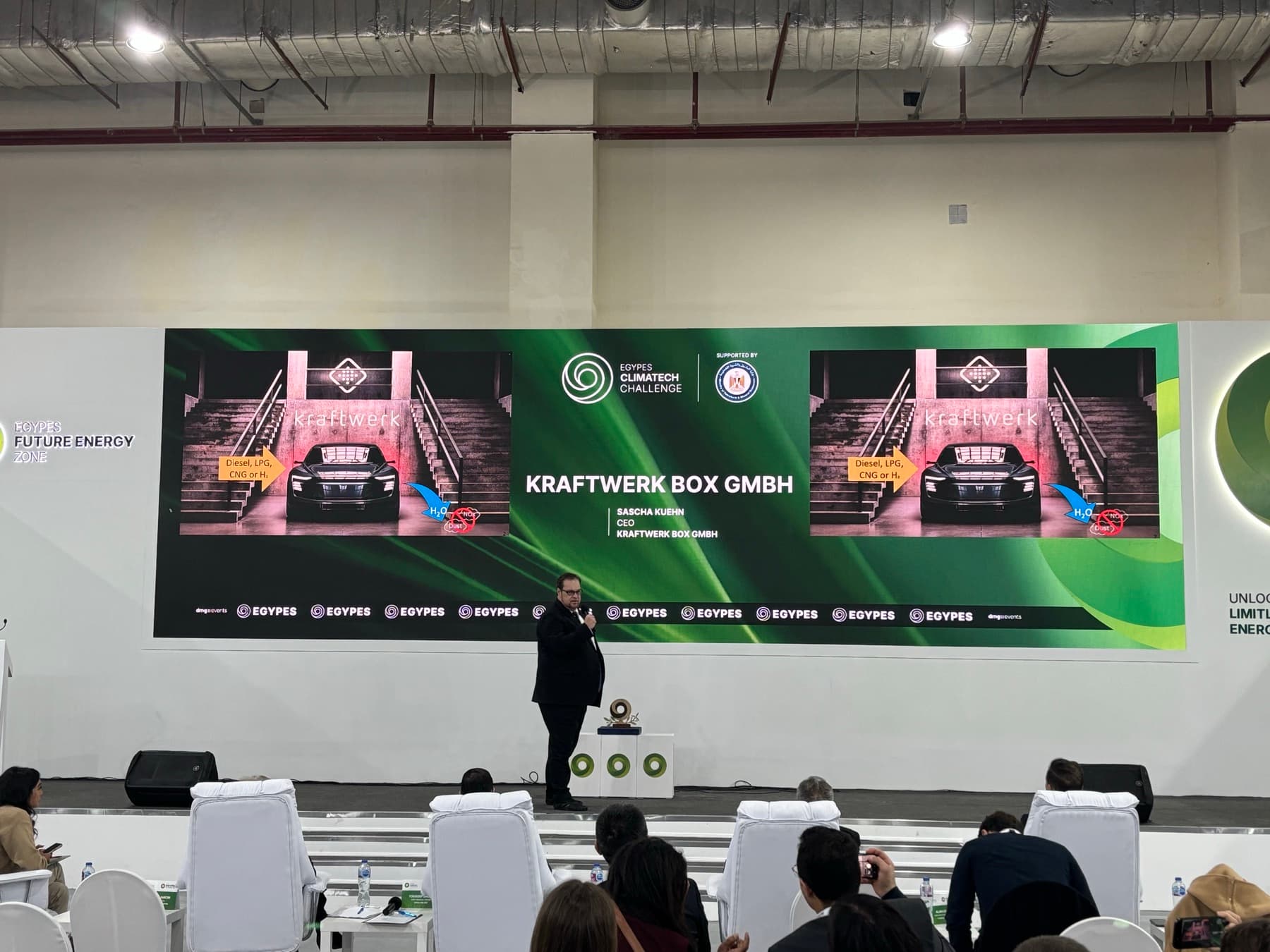 kraftwerk CEO Sascha Kühn pitching on stage at the EGYPES Climatech Challenge 2025